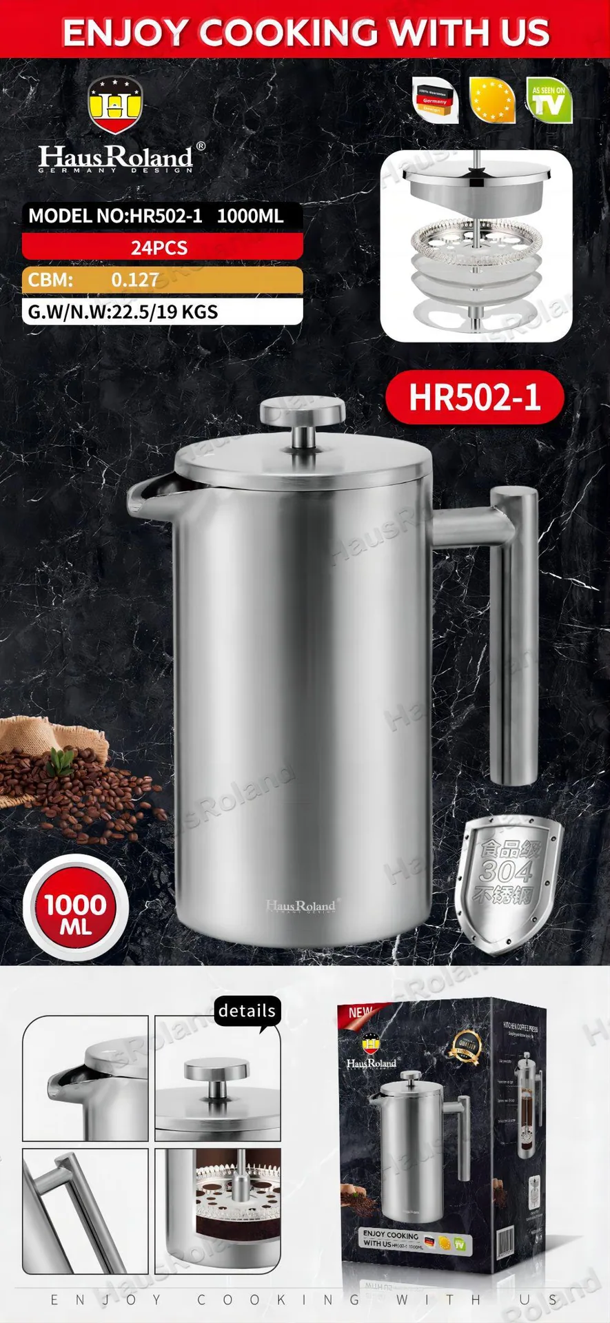 Kaedah keluli tahan karat 304 tekan tangan tuangkan ke atas teko periuk kopi dengan penapis berkapasiti besar 8