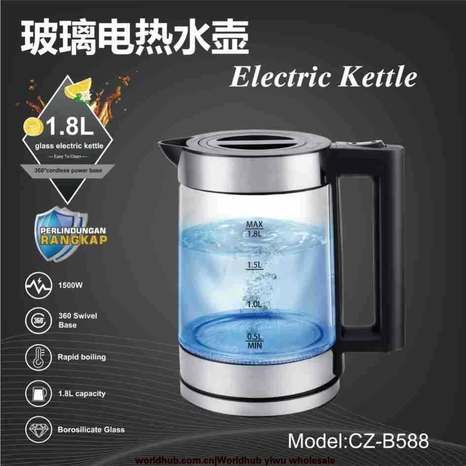 Foreign Trade European High Boron Glass with Tea Leak LED Blue Light Boiling Fast Electric Kettle Factory Direct Wholesale