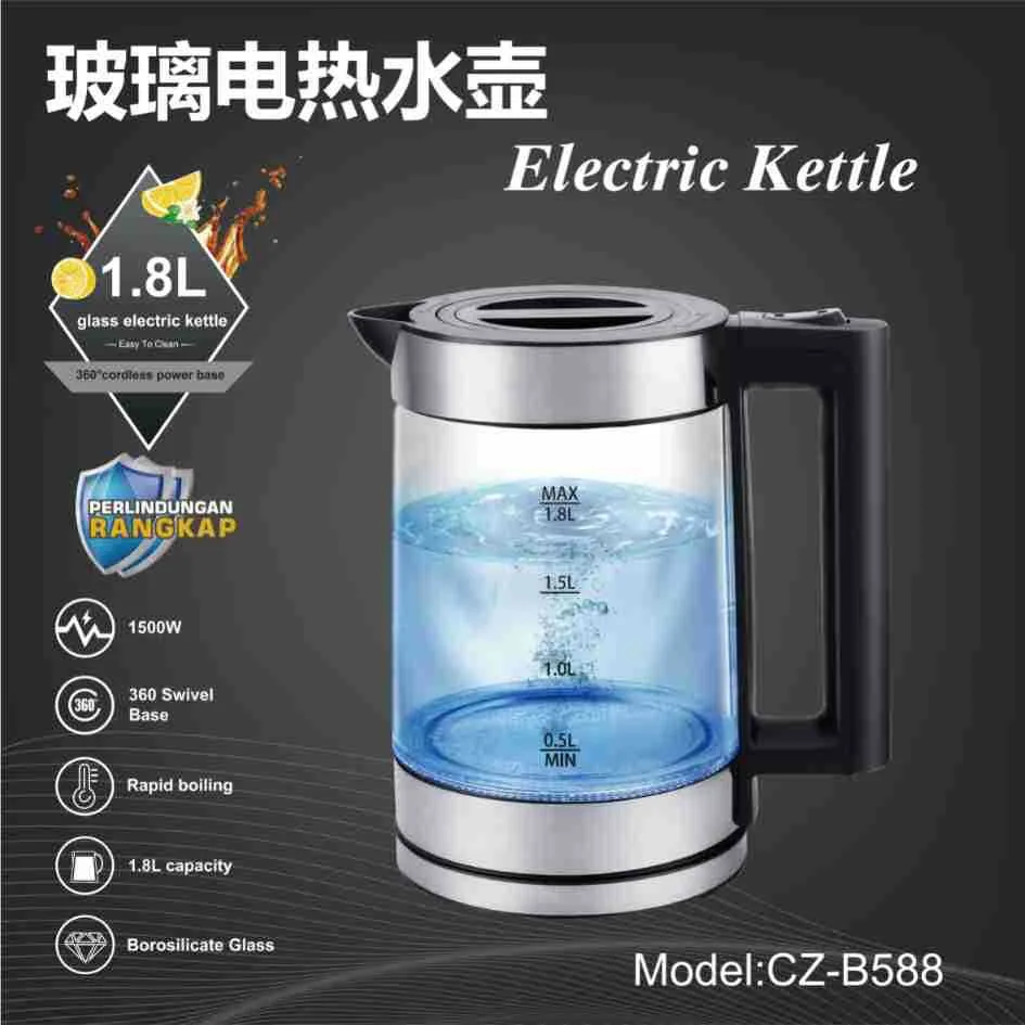 Foreign Trade European High Boron Glass with Tea Leak LED Blue Light Boiling Fast Electric Kettle Factory Direct Wholesale 8