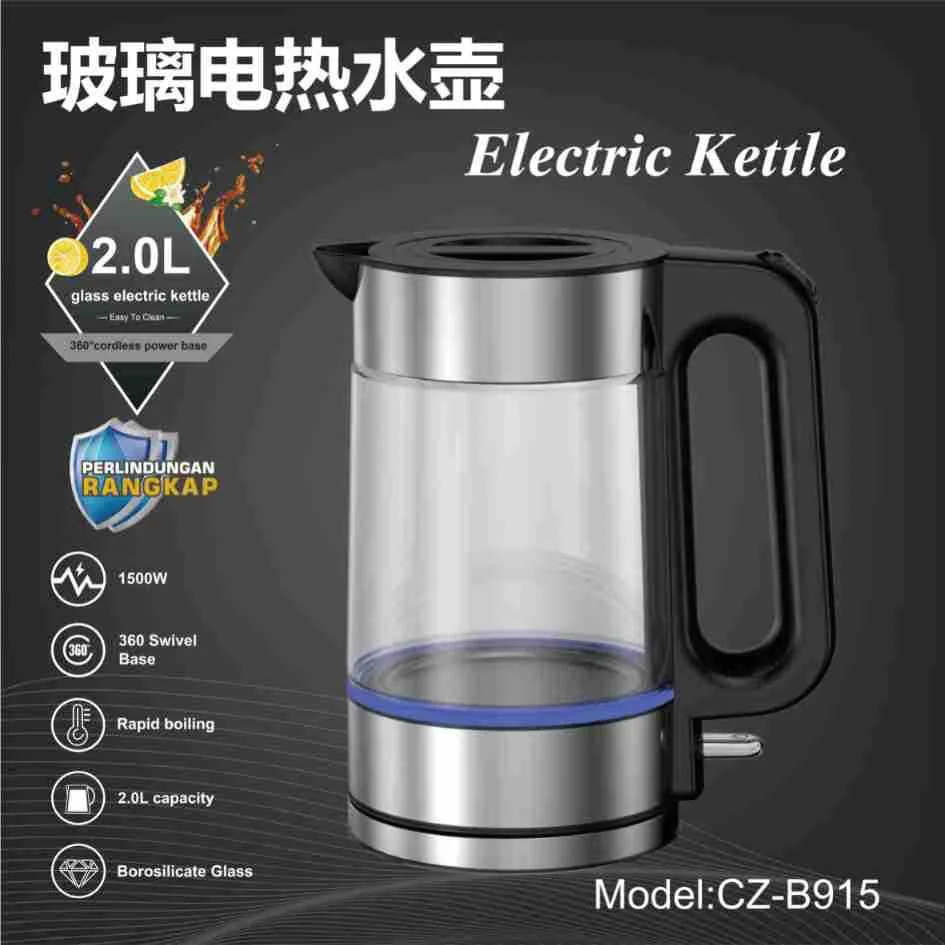 Foreign Trade Cross-border 1.8L 2.0 Liter Hemmed High Boron Glass LED Blue Light Boiling Fast Electric Kettle Lianjiang Factory 8