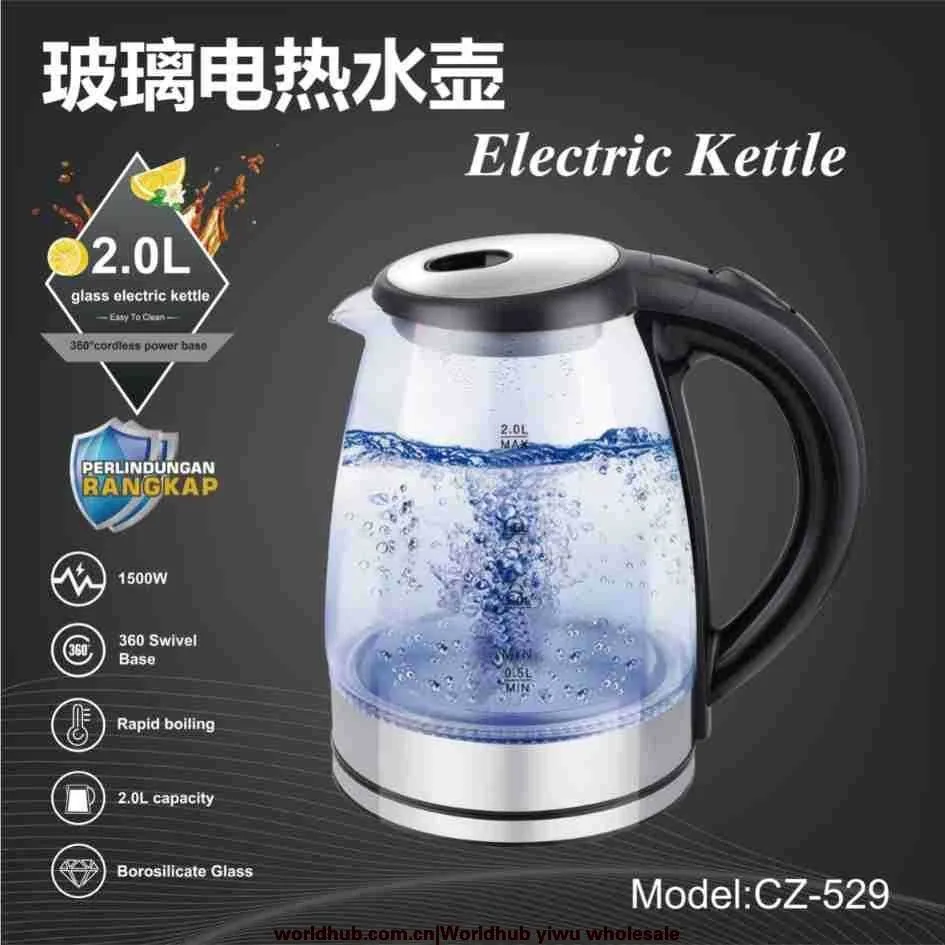 Foreign Trade Cross-border 1.8L 2.0 Liter Hemmed High Boron Glass LED Blue Light Boiling Fast Electric Kettle Lianjiang Facto