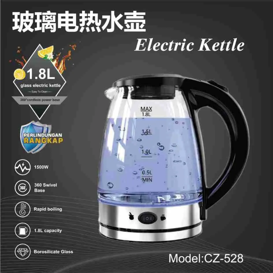 Foreign Trade Cross-border 1.8L 2.0 Liter Hemmed High Boron Glass LED Blue Light Boiling Fast Electric Kettle Lianjiang Factory 7