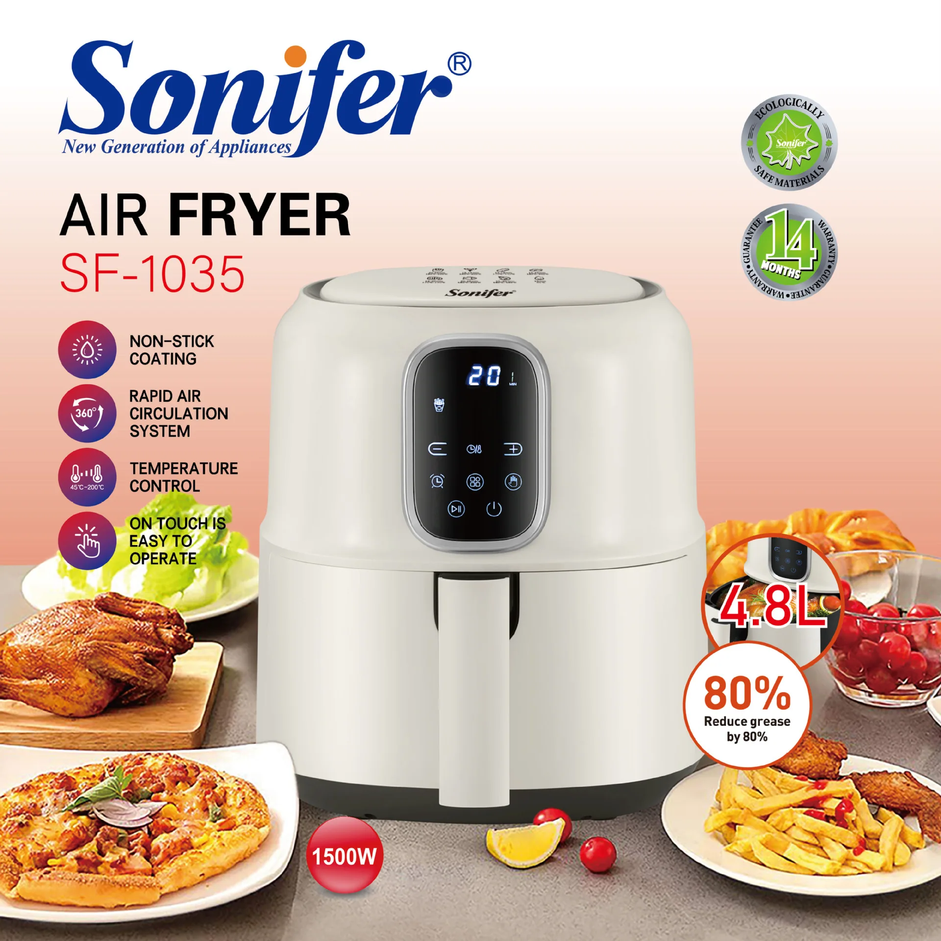 Sonifer Home Kitchen Multi-function Large Capacity Touch Screen Display White 4.8L Air Fryer SF-1035 5
