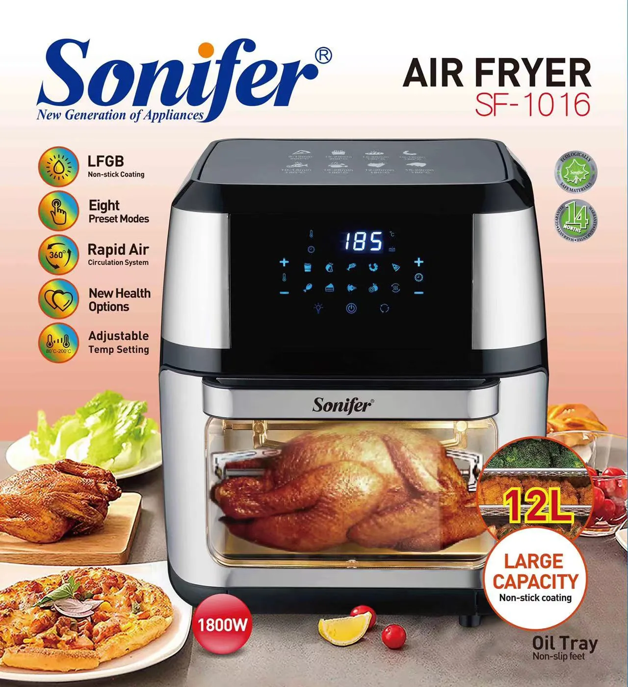 Sonifer Kitchen Large Capacity Multi-Function Automatic Digital Display Touch Screen 12L Air Fryer SF-1016 10