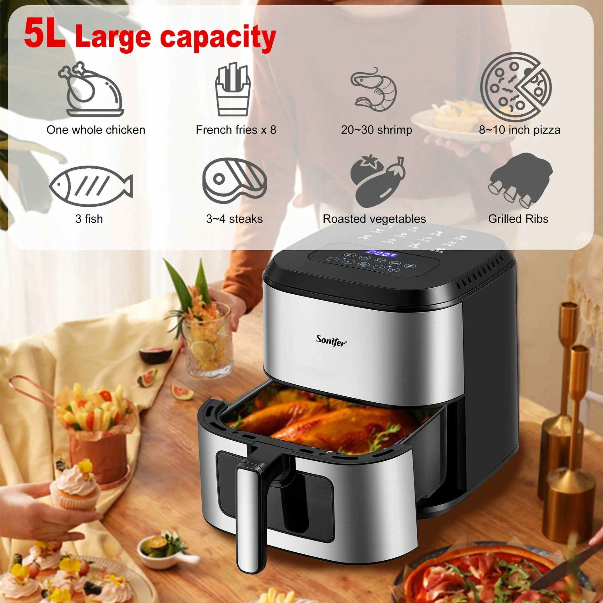 Sonifer Cross-border Home Kitchen Multi-function 5L Touch Screen Display Air Fryer SF-1024 6