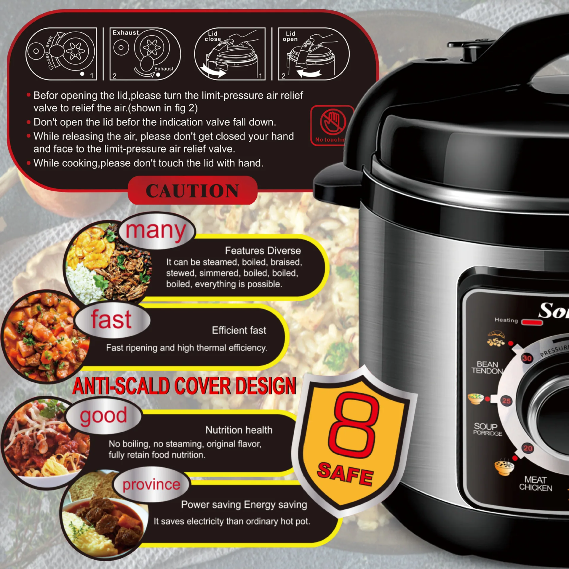 Sonifer Multifunctional Touch Screen Electric Pressure Cooker for Home 8L 1300W Rice Cooker Crisp Cooker SF-4013 5