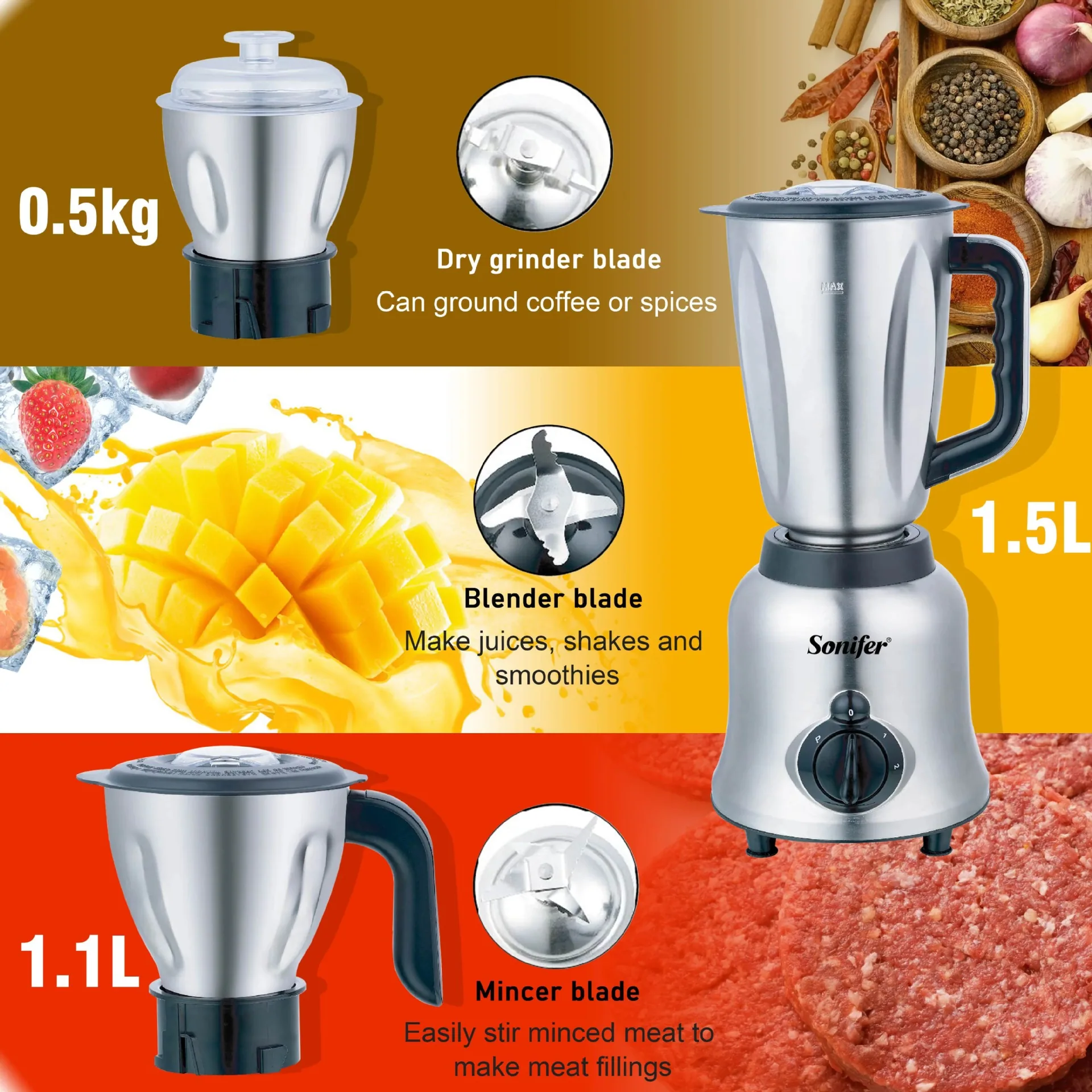 Sonifer SF-8062 Licuadora Multifuncional 3 en 1 de Acero Inoxidable para Cocina Transfronteriza en el Hogar 12