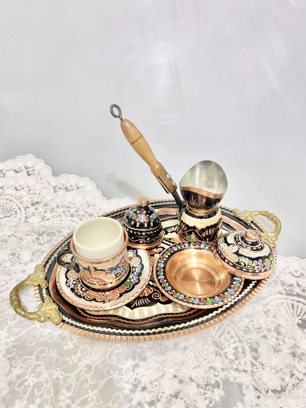 Turkey Origin Handmade Copper Painted Coffee Cup Coffee Pot Tray Set Ottoman Vintage European Style 4