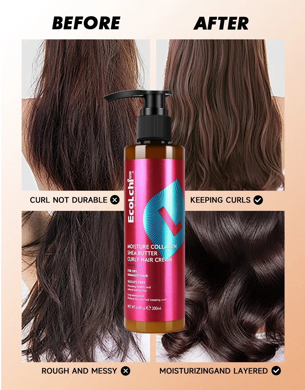 EcoLchi Nourishing Collagen Shea Butter Protein Cream Leave-In Conditioner Moisturizing Repair Curly Hair Care 10