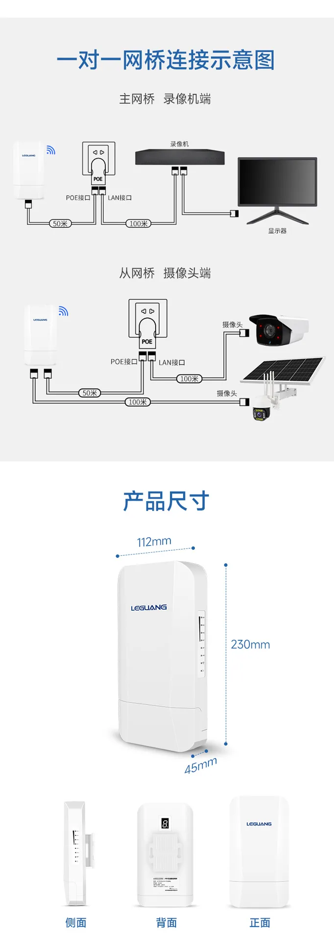 Leguang wireless network bridge outdoor monitoring 1km dual network port high-power outdoor point-to-multi-point B400 11