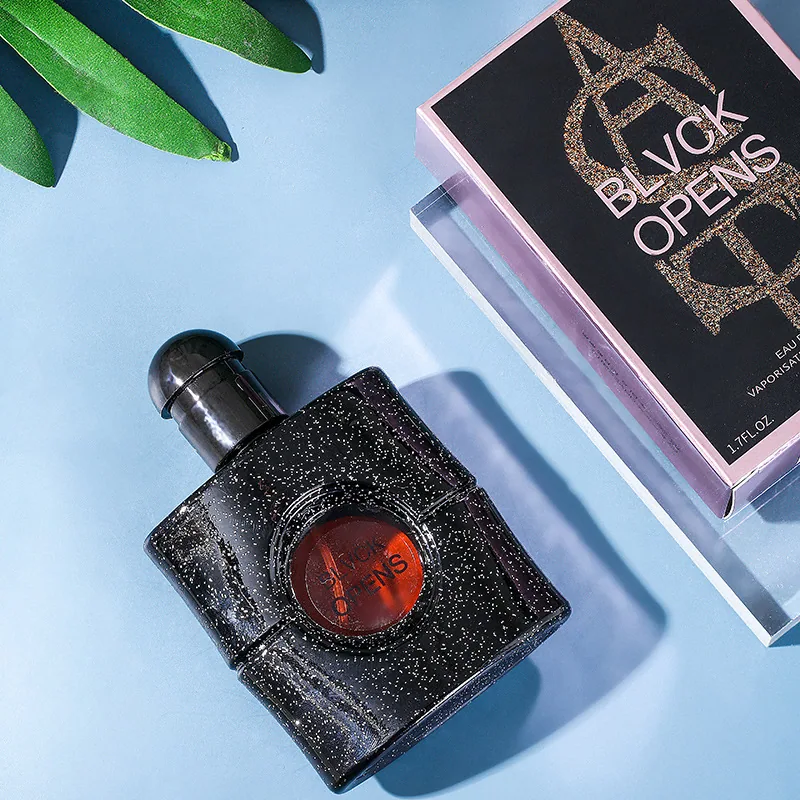 Black Opium perfume 50ml outer packing box details, black simple design, lasting coffee and citrus fragrance