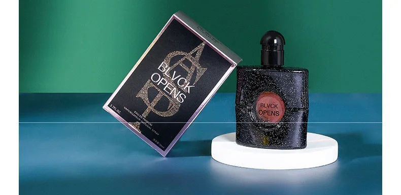 Black Opium 50ml perfume use scene display, lasting coffee and citrus fragrance, students' flat bottom black bottle daily