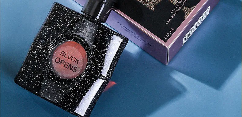 Black Opium perfume 50ml dimension drawing, flat black bottle length, width and height display, durable coffee, citrus fragra