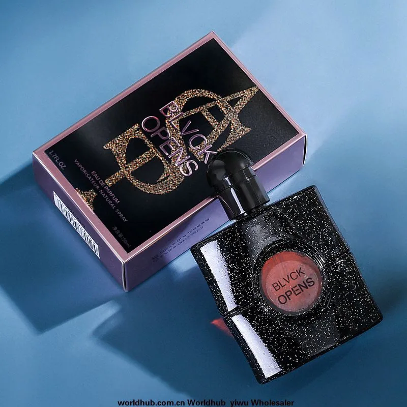 Black Opium perfume 50ml bottle details close-up, black flat glass texture, coffee and citrus fragrance clearly visible