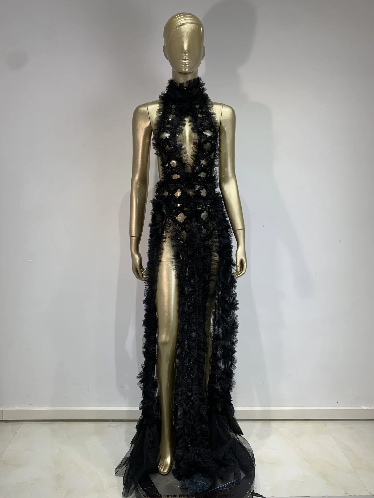 Costume cross-border mesh sexy cut-out backless celebrity long skirt birthday party female singer gogo performance costume 3