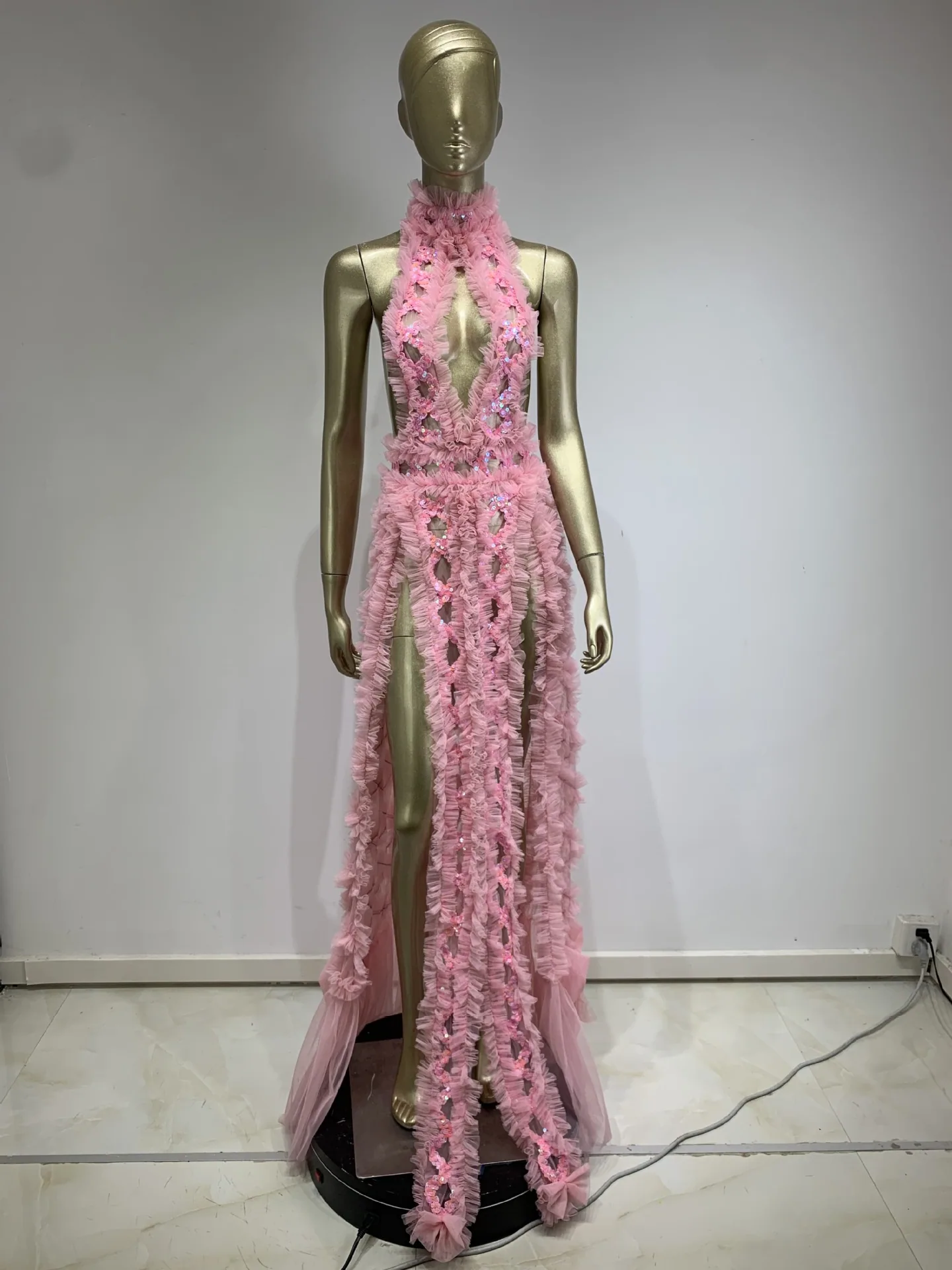 Costume cross-border mesh sexy cut-out backless celebrity long skirt birthday party female singer gogo performance costume