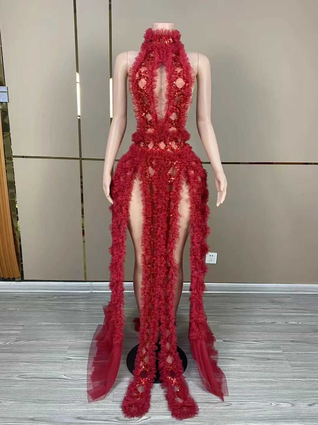 Costume cross-border mesh sexy cut-out backless celebrity long skirt birthday party female singer gogo performance costume 2