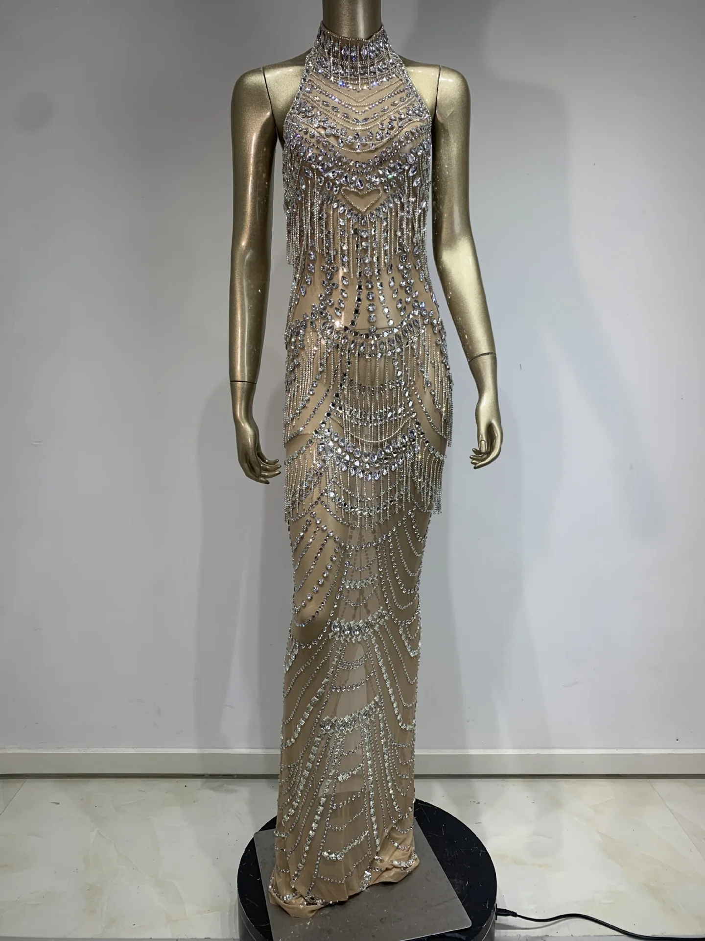 Costume luxury rhinestones sexy backless celebrity dress birthday party singer host show dress