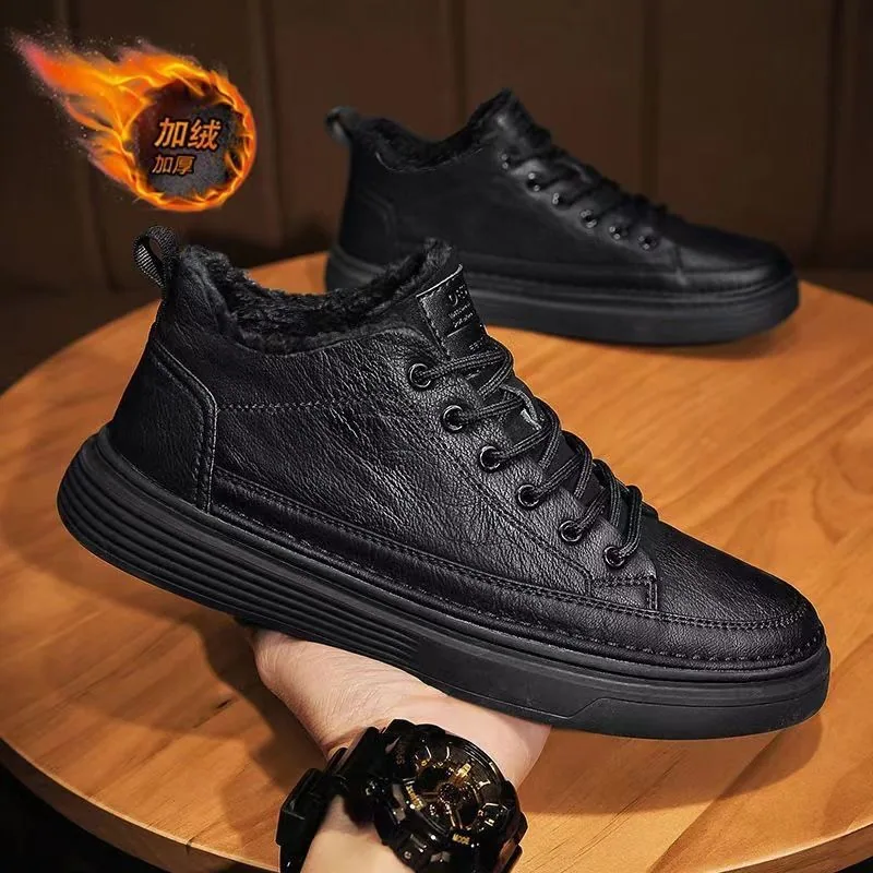 Winter men's shoes fleece chef shoes men's Korean version versatile non-slip black leather shoes casual thickened warm cotton sh