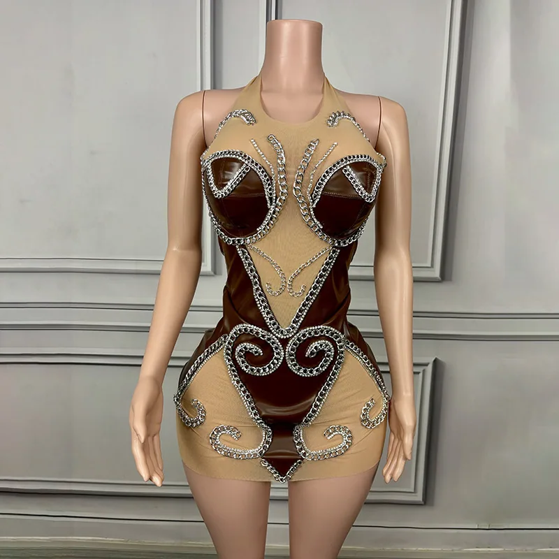Cross-border hot sale sexy pole dance costumes, halterneck ultra-short hip leather skirts, fashion chain gogo costumes 4