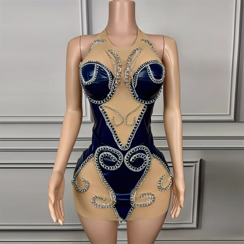 Cross-border hot sale sexy pole dance costumes, halterneck ultra-short hip leather skirts, fashion chain gogo costumes 2