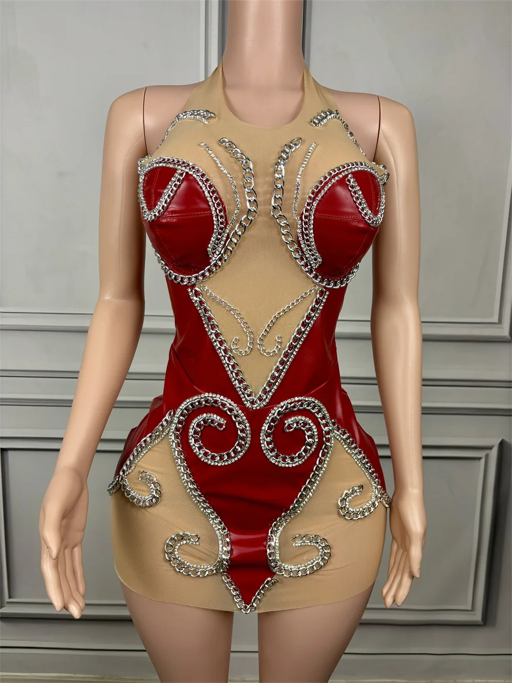 Cross-border hot sale sexy pole dance costumes, halterneck ultra-short hip leather skirts, fashion chain gogo costumes 3