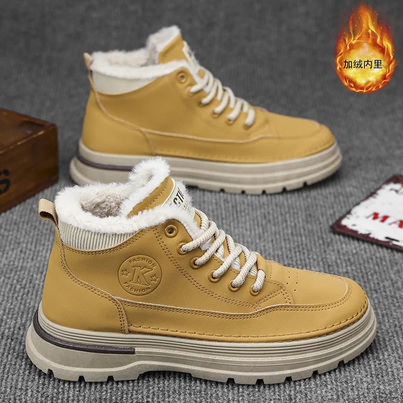 Winter fleece Martin boots, men's trend, versatile high-top cargo shoes, thickened warm cotton shoes, leather shoes, casual boot