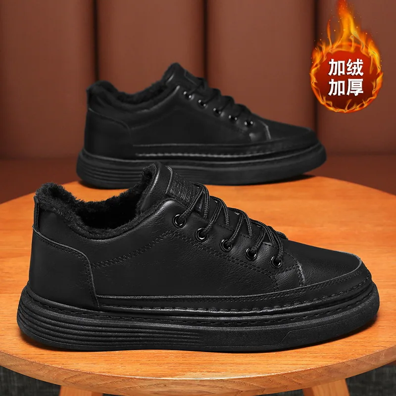 Winter men's shoes with fleece high-top shoesMen's trend Versatile non-slip and wear-resistant chef shoes black leather shoes ca