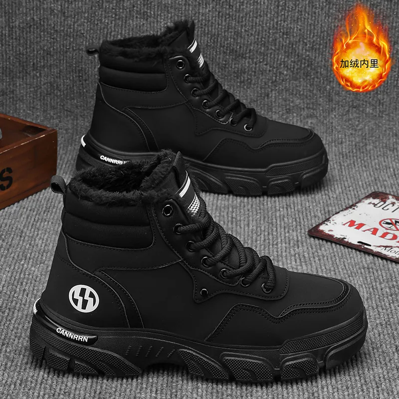 Botas Martin de caña alta con forro polar de invierno para hombre, estilo británico retro versátil, zapatos tipo cargo, suelas gruesas, zapatos de algodón cálidos con grosor añadido, botas 3