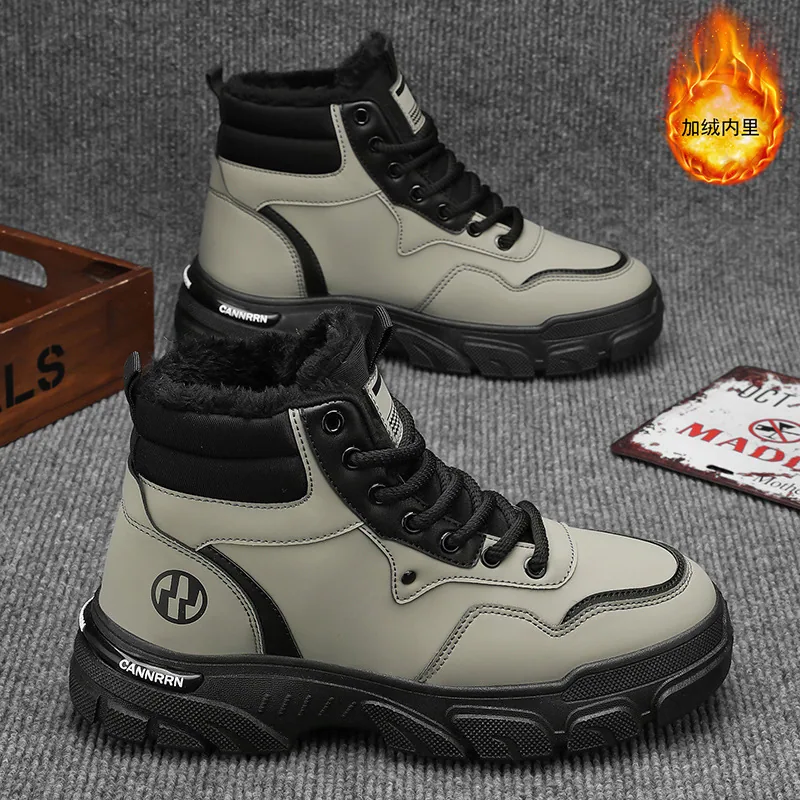 Botas Martin de caña alta con forro polar de invierno para hombre, estilo británico retro versátil, zapatos tipo cargo, suelas gruesas, zapatos de algodón cálidos con grosor añadido, botas 2