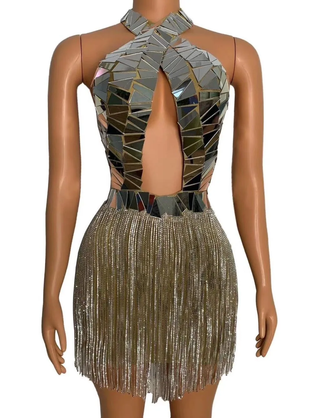 Stage Costume Women's Gold Rhinestone Tassel Mesh Stretch Latina Skirt Gown Stage Performance Costume 2