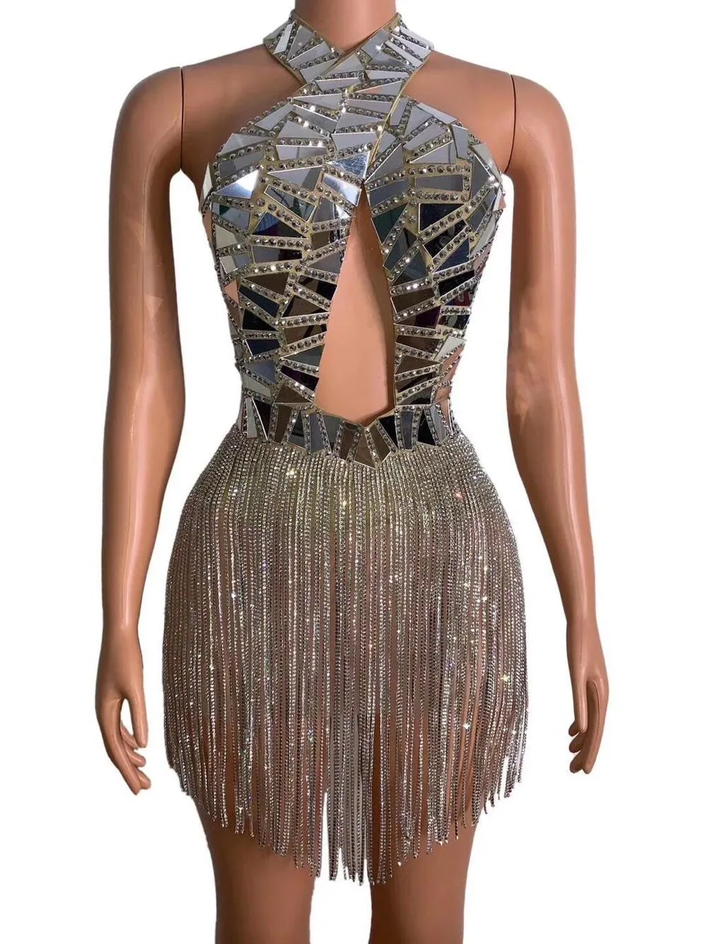 Stage Costume Women's Gold Rhinestone Tassel Mesh Stretch Latina Skirt Gown Stage Performance Costume