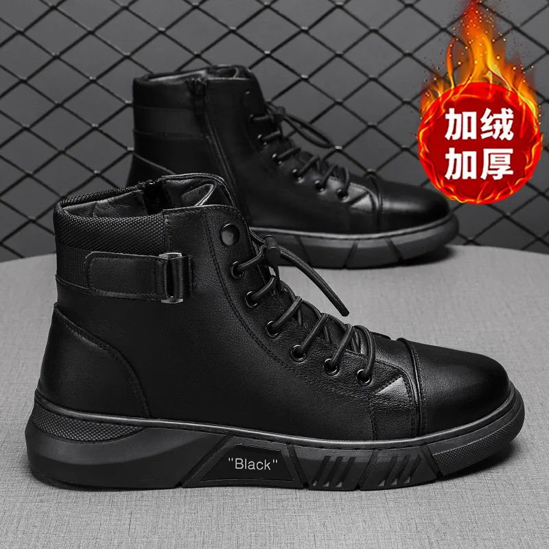 Winter fleece Martin boots, men's high-top men's casual leather boots, 2024 popular British thickened warm boots, cotton shoes