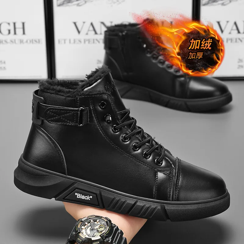 Men's shoes, winter fleece high-top Martin boots, men's trend, versatile cargo boots, leather shoes, thickened warm boots, cotto