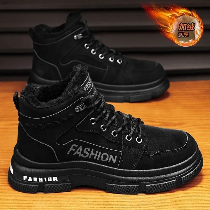 Zapatos de carga de caña alta con felpa de invierno, zapatos de hombre, tendencia, versátiles, suela gruesa, zapatos de algodón cálidos y gruesos, botas Martin, cortas 2