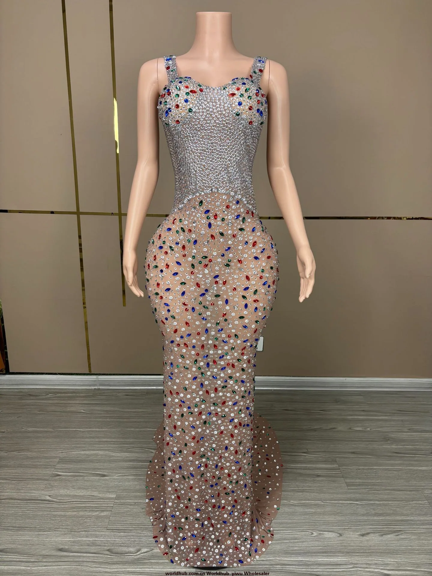 Extravagant Sexy Backless Suspenders Colored Diamonds Bodycon Maxi Dress Club Gogo Gigs Banquet Evening Dresses