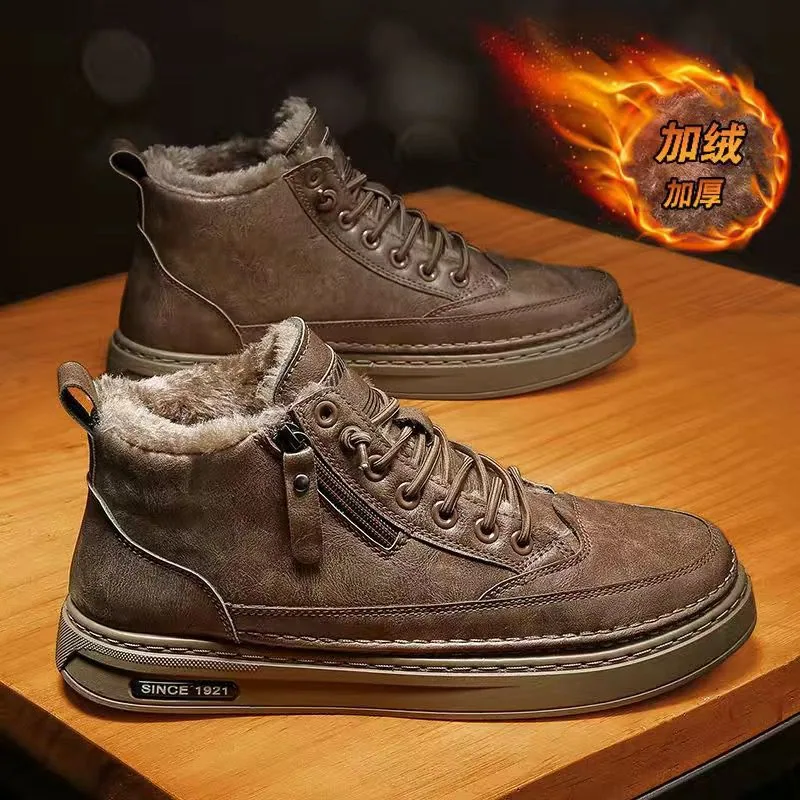 Winter fleece Martin boots, men's high-top shoes, men's trend, versatile leather shoes, casual platform shoes, warm cotton shoes