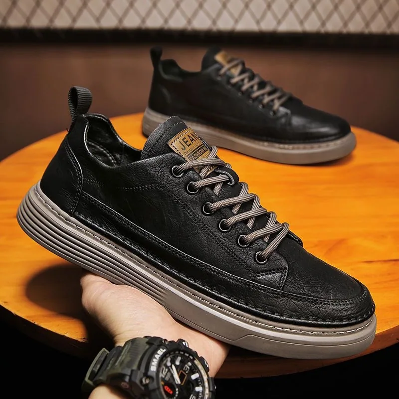 Spring men's shoes new breathable waterproof and non-slip chef shoes men's trend versatile black leather shoes casual board shoe 3