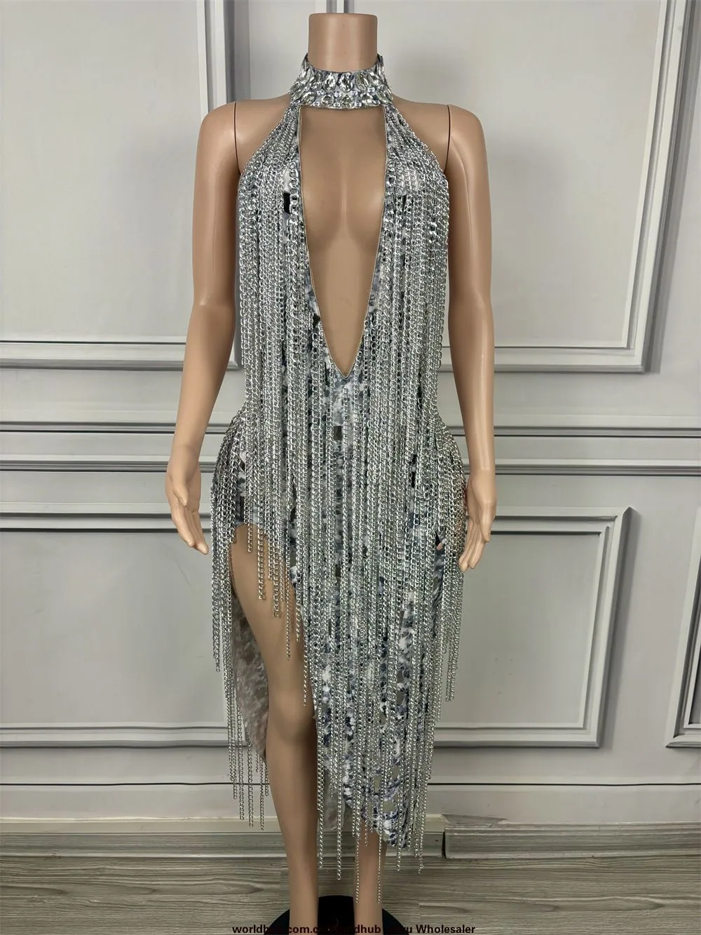 Grenzüberschreitendes, modisches, sexy, rückenfreies, dünnes Hüftwickelkleid mit Kettenquaste, Gogo-Gig-Kostüm