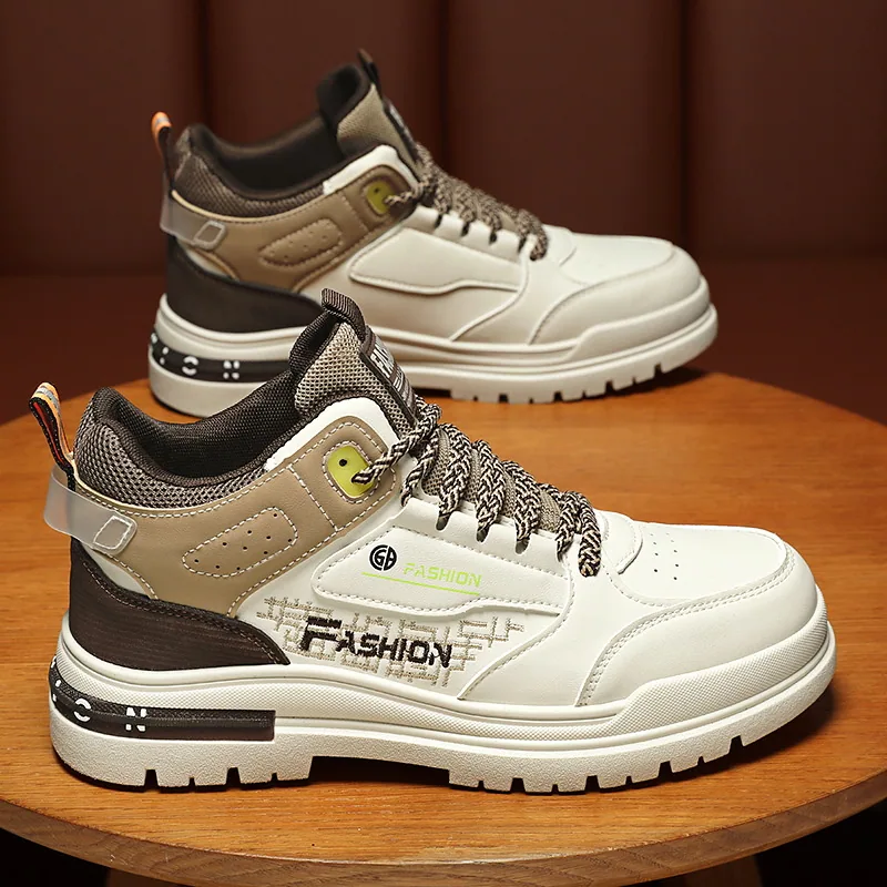 Spring men's shoes, new breathable high-top shoes, men's trend, versatile white shoes, thick-soled athleisure board shoes, men - Other Shoes