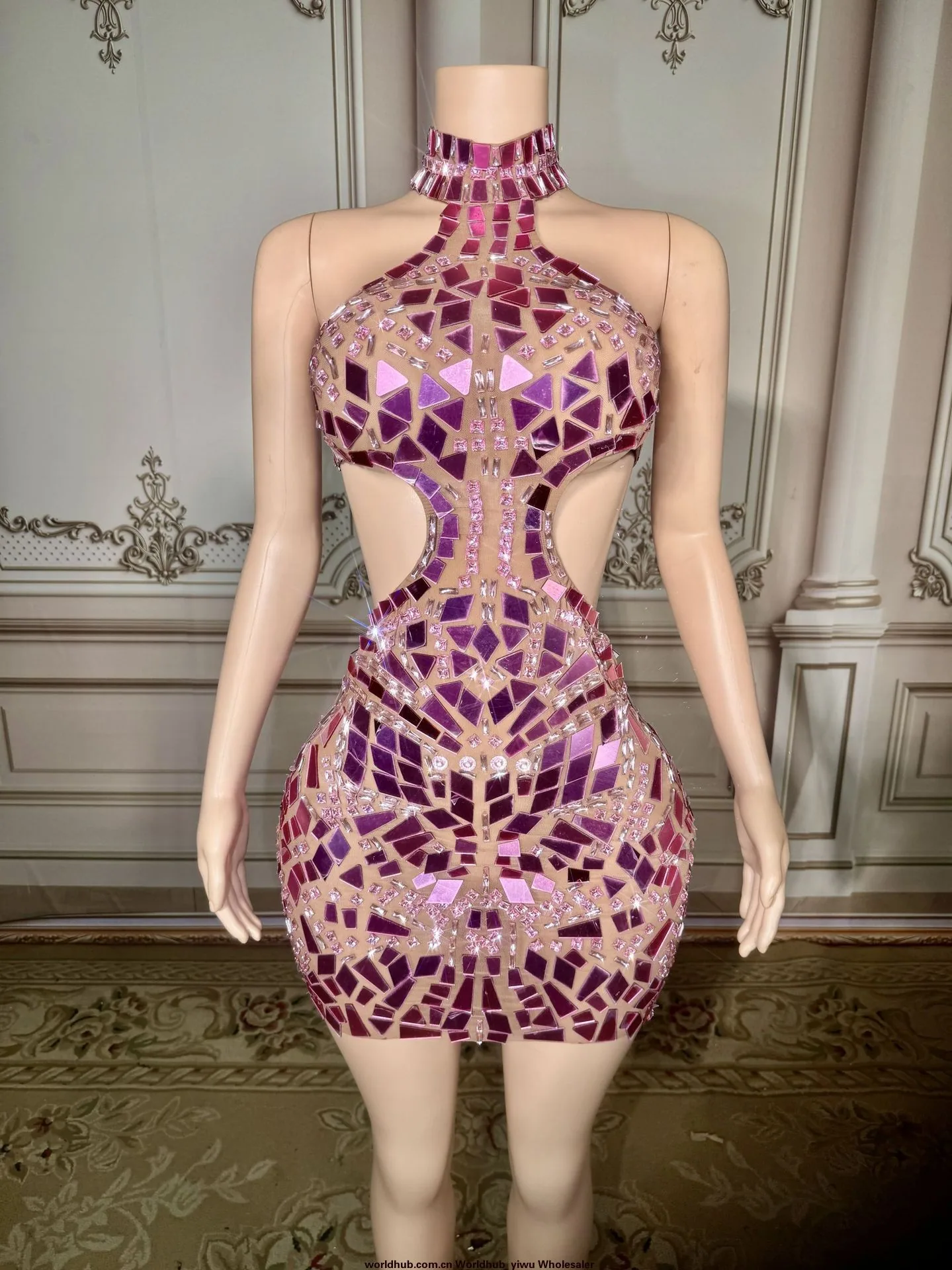 Cross Border Sexy Halterneck Mesh Mini Dress Sparkling Lenses Party Evening Dress Female Singer Nightclub Dress
