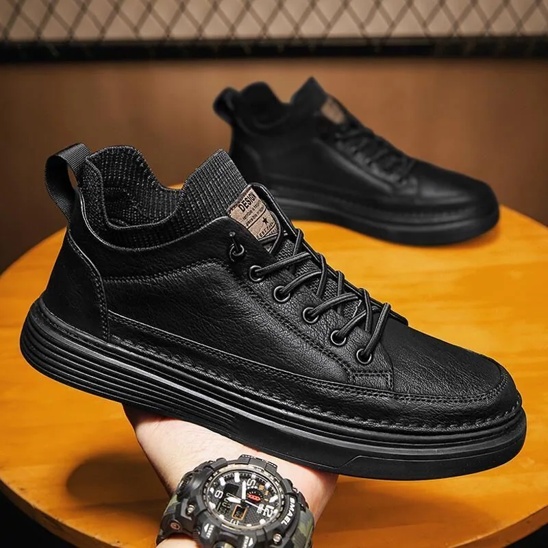 Spring men's shoes, new breathable high-top chef shoes, men's trend, versatile black leather shoes, sneakers, work shoes