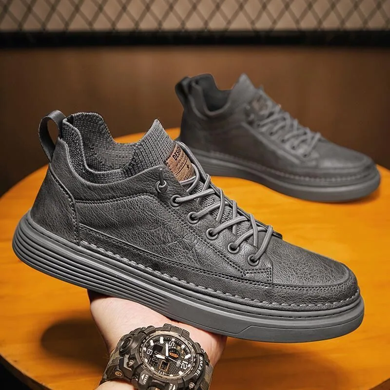 Spring men's shoes, new breathable high-top chef shoes, men's trend, versatile black leather shoes, sneakers, work shoes 2