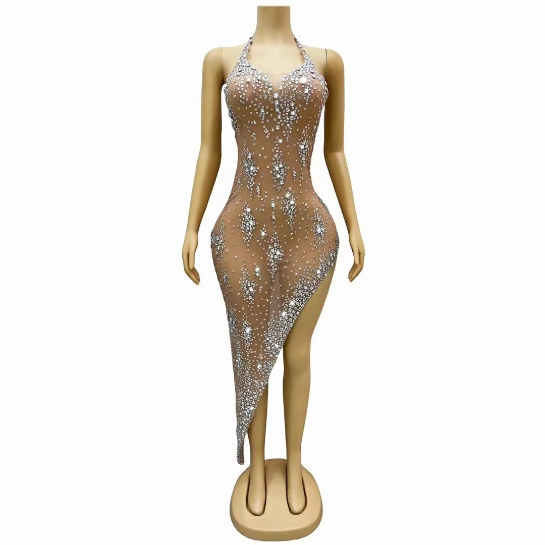2024 New European and American Sparkling Rhinestone Dresses, Sexy Halterneck Backless Evening Dresses, Nightclub Gogo Dresses
