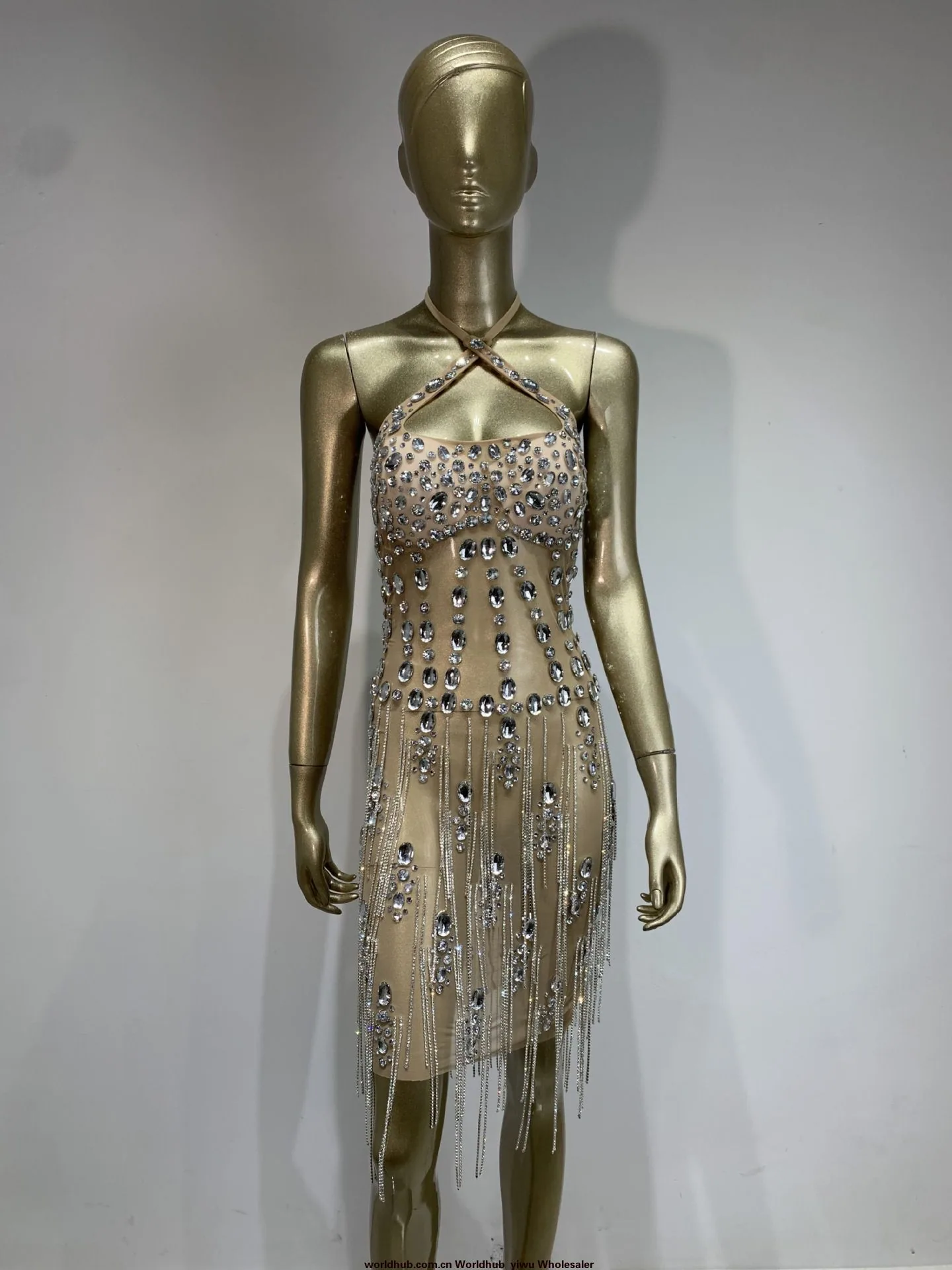 2024 New European and American Sparkling Rhinestones Nightclub Performance Costumes Diamond Chain Sexy Backless Party Dress Skir
