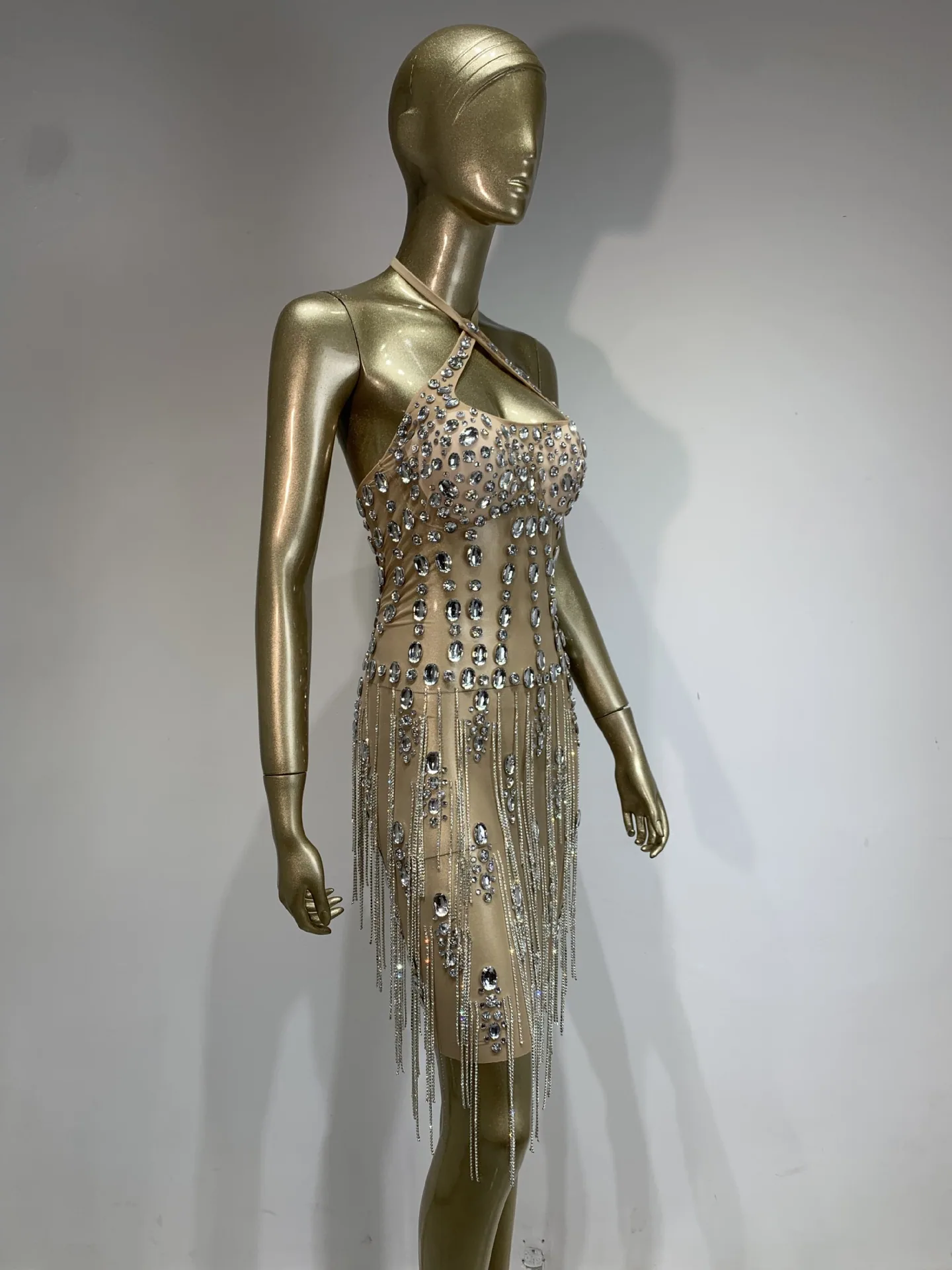 2024 New European and American Sparkling Rhinestones Nightclub Performance Costumes Diamond Chain Sexy Backless Party Dress Skir 4