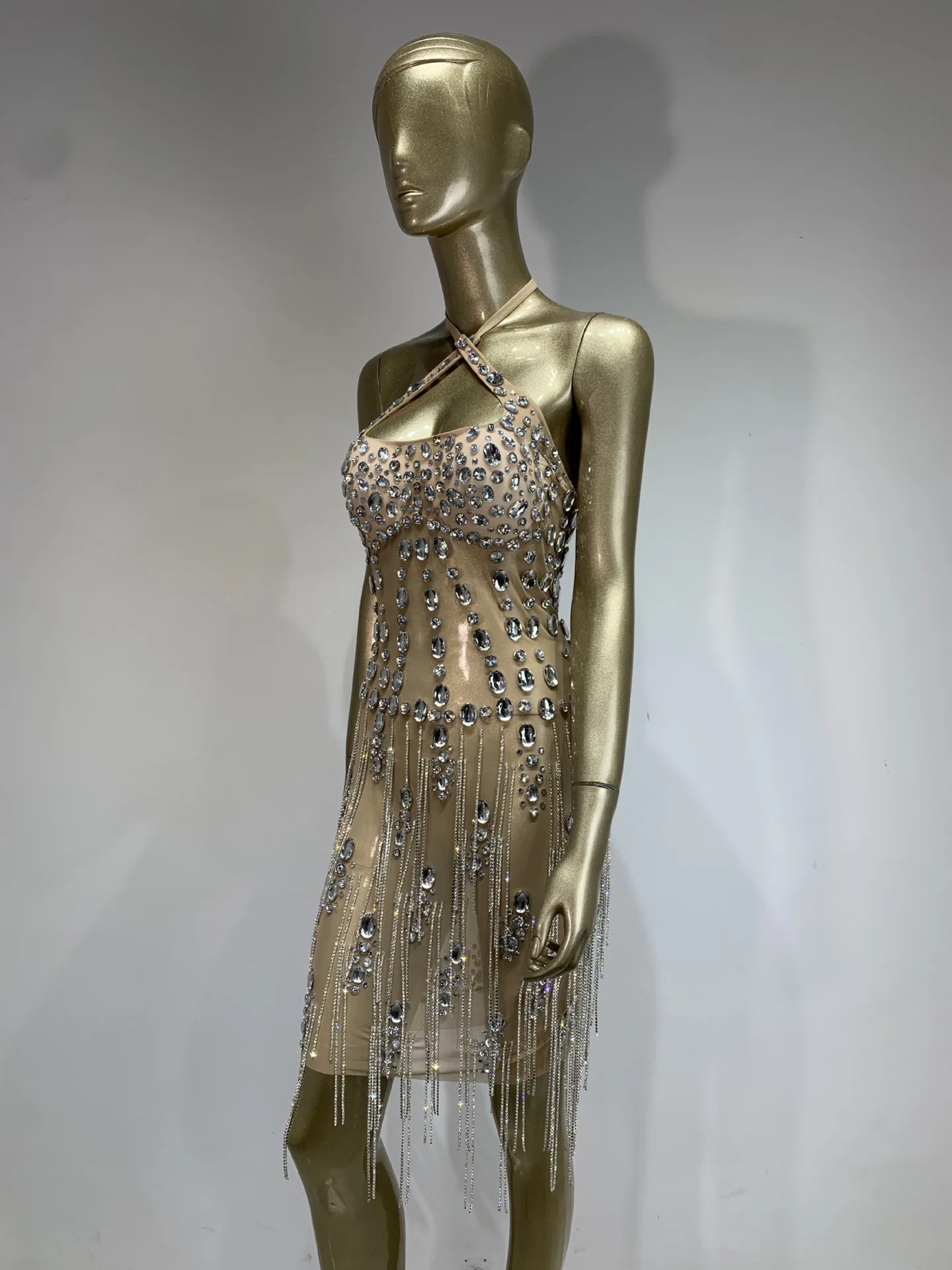 2024 New European and American Sparkling Rhinestones Nightclub Performance Costumes Diamond Chain Sexy Backless Party Dress Skir 3