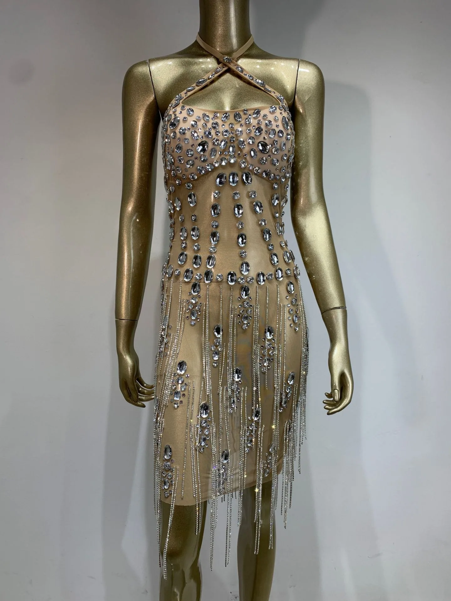 2024 New European and American Sparkling Rhinestones Nightclub Performance Costumes Diamond Chain Sexy Backless Party Dress Skir 7