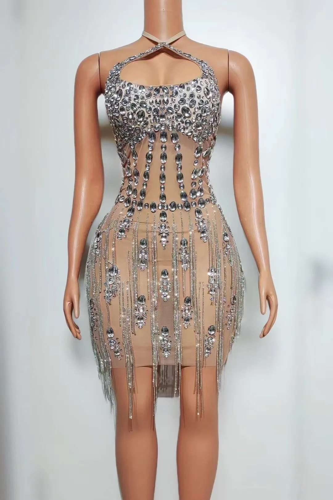 2024 New European and American Sparkling Rhinestones Nightclub Performance Costumes Diamond Chain Sexy Backless Party Dress Skir 5