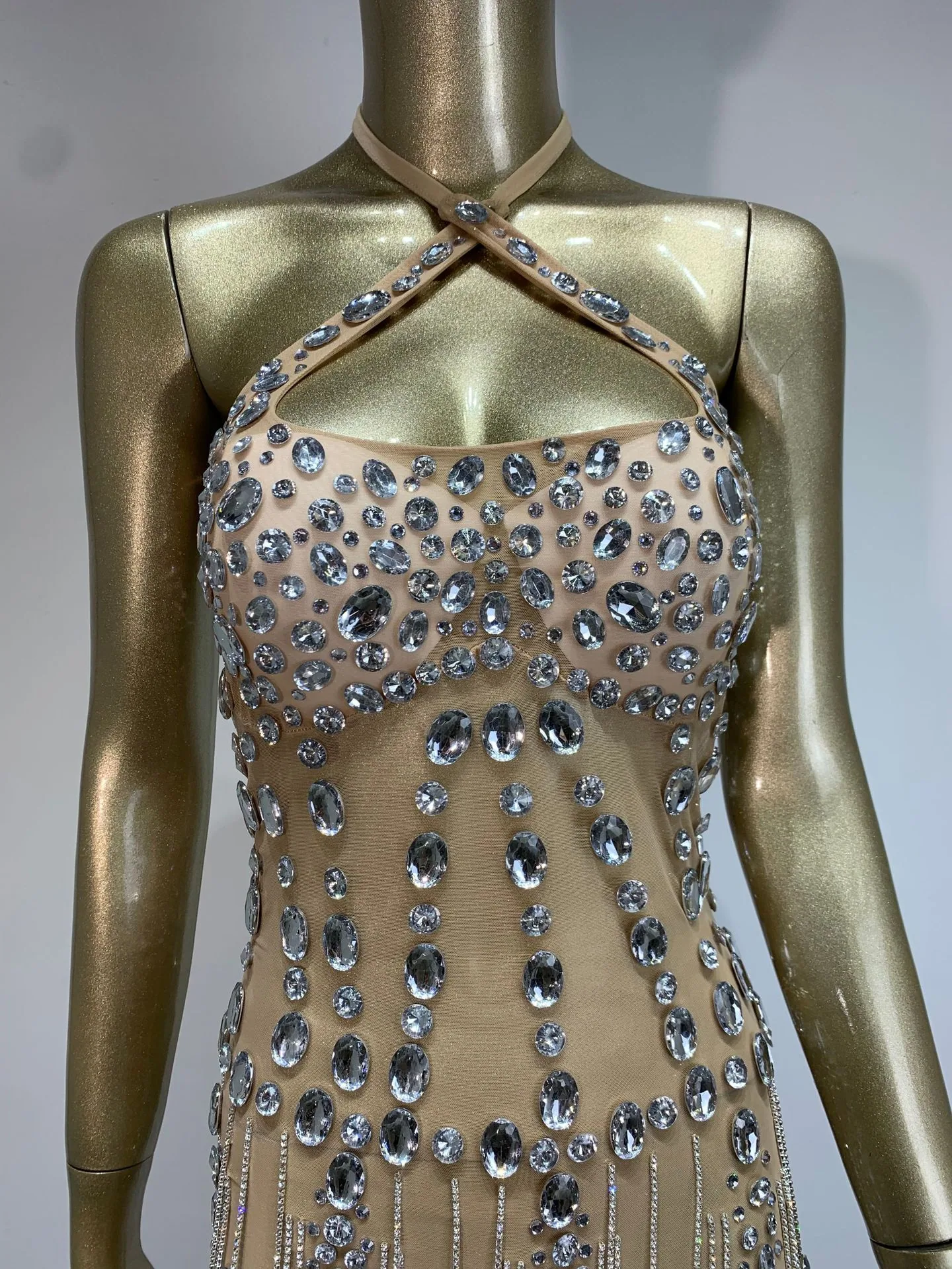 2024 New European and American Sparkling Rhinestones Nightclub Performance Costumes Diamond Chain Sexy Backless Party Dress Skir 6